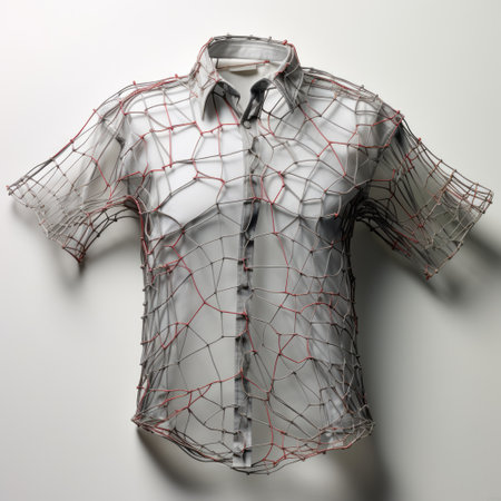 the shirt features intricate webs of silver-colored thread on the collar and sleeves, inspired by the artistic styles of janet echelman and brice marden. with high attention to detail, the design showcases a combination of light bronze and red hues. this unique creation draws inspiration from patricia piccinini's fascination with everyday objects. ai generatedの素材