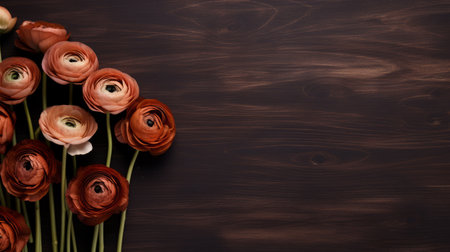 a bunch of flowers sits on a black wooden table, showcasing a dark bronze and brown color scheme. the minimalist style of the arrangement exudes a sense of simplicity and elegance. the vibrant crimson and brown hues of the flowers beautifully contrast with the bentwood table. the varying wood grains add a contemporary diy touch to the overall aesthetic. ai generatedの素材