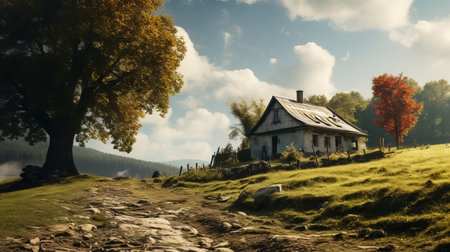 an old house stands beside a rustic dirt road in the countryside, exuding a romantic and dramatic atmosphere. this cryengine-rendered image showcases the beauty of dreamy landscapes in stunning 8k resolution. the swiss-style architecture adds a touch of charm to the eerily realistic and atmospheric scenery. ai generatedの素材