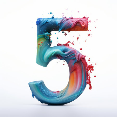 an old number 5, covered in vibrant spectrum colors of blue paint splashes, stands out in this advertisement-inspired photo. the organic sculpting and isometric composition create layered gestures, resulting in a multi-layered and colorful watercolor effect. ai generatedの素材