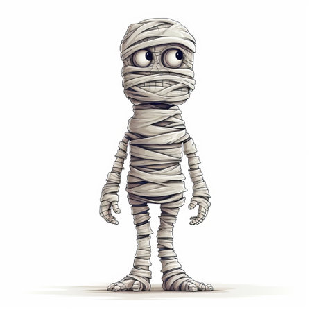 a cute mummy with long brown hair stands in a style reminiscent of grotesque caricatures. the artwork features dimensional multilayering and trace monotone, creating a unique visual effect. the mummy is wrapped in dusty piles, surrounded by cartoon-like figures inspired by yombe art. ai generatedの素材