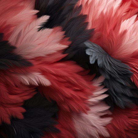 red and black feathers arranged in a futuristic chromatic wave pattern, showcasing a realistic color palette of light pink and dark gray. this vibrant colorscape, created using unreal engine 5 and inspired by nature, features abstract designs reminiscent of zbrush creations. ai generatedの素材