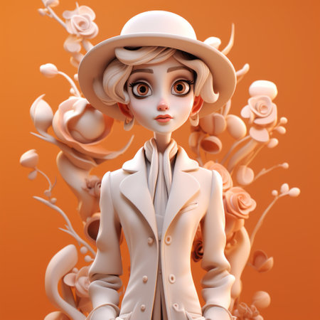 a 3d rendered image featuring a lady wearing a hat adorned with a flower decoration. the image is inspired by youthful protagonists and showcases a color palette of light beige and orange. the style is characterized by monochromatic chaos, reminiscent of patrick brown's artwork. the image also incorporates elements of organic sculpting, reminiscent of disney animation, with a touch of neo-victorian aesthetics. ai generatedの素材