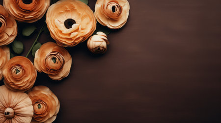 orange and yellow flowers arranged in a top view on a dark background. the flowers resemble delicate paper cutouts in shades of dark bronze and beige. the contemporary diy style is enhanced by the varying wood grains. the low depth of field adds an elegantly formal touch to the overall composition. ai generatedの素材