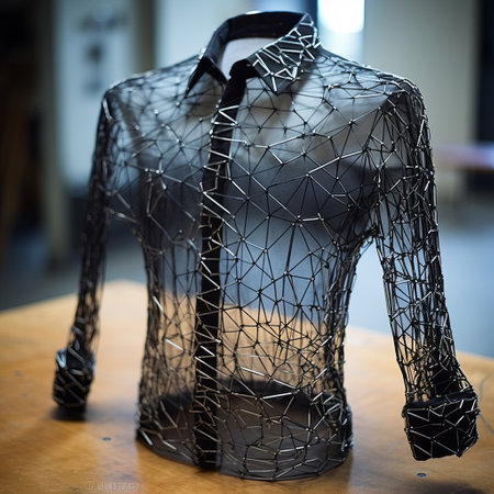 a wire mannequin showcasing the award-winning shirt by alexander delano. the shirt features a dark black and gray color scheme, with crystalcore accents. the meticulous technique and fluid networks of the design highlight the attention to detail. the scratched materials add a unique touch to this captivating fashion piece. ai generatedの素材