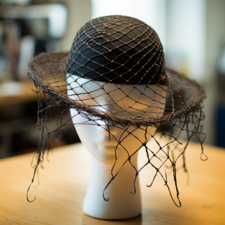 a black hat, made of unconventional materials, sits atop a mannequin. the hat is securely tatted on the top, using wire, in the style of the american barbizon school. this unique piece of net art, captured with a mamiya 7 ii camera, showcases a dark brown and gray color palette reminiscent of the heidelberg school. ai generatedの素材