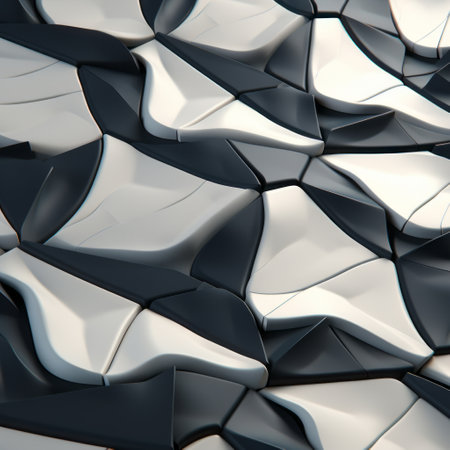 a black and white texture pattern, inspired by the irregular organic forms and glazed surfaces of daniel libeskind's designs. rendered in cinema4d, this wallpaper design idea features metallic surfaces and chromatic sculptural slabs, creating a visually striking and fragmented figuration. ai generatedの素材