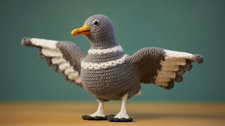 a crocheted toy bird with a wingspan of about 6 inches, rendered in the style of fernando botero and govaert flinck. this realistic and detailed rendering showcases exquisite clothing detail, featuring zigzag patterns and a grey academia color scheme. ai generatedの素材