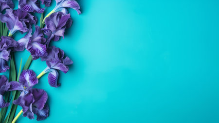 purple iris flower on a vibrant blue background, featuring ample copy space. the composition showcases a monochromatic color scheme with shades of light turquoise and dark navy. the colorful arrangements of the flower create a tropical baroque vibe, complemented by hints of light crimson and dark green. the overall effect is a playful and visually striking composition. ai generatedの素材