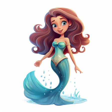 a disney princess illustration featuring a mermaid in her iconic blue dress and petticoat. the illustration showcases a colored cartoon style with realistic figures, including water drops and wavy details. the cartoon-like characters bring the magical world of disney to life. ai generatedの素材
