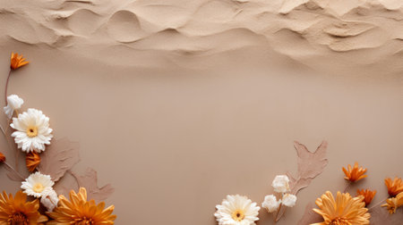 orange and white flowers gracefully rest on a bed of beige sand, creating a captivating scene reminiscent of minimalist backgrounds. this dreamy composition showcases the vibrant colors of the flowers against the neutral backdrop. the image exudes a sense of tranquility and balance, embodying the essence of minimalistic composition. with its high quality and uhd resolution, this photo beautifully captures a mix of masculine andの素材