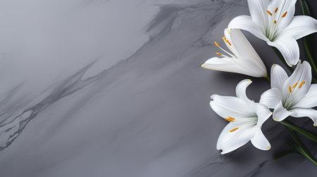 white lilies grace a dark gray marble background in this stunning 8k resolution image. with its uhd quality, the picture captures the essence of zen minimalism, showcasing the beauty of the delicate flowers against the elegant marble backdrop. ai generatedの素材