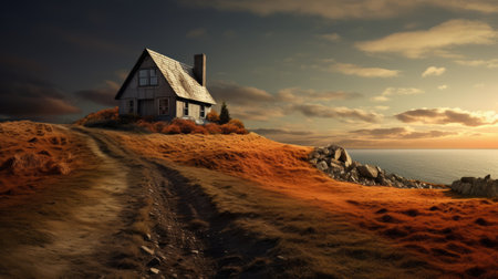 a house perched on the edge of a picturesque area, surrounded by clouds. this photobashing-style image captures tonalist seascapes with a blend of light amber and orange hues. the photographically detailed portraitures showcase the romantic seascapes, creating a whimsical wilderness scene. this uhd image is a stunning visual delight. ai generatedの素材