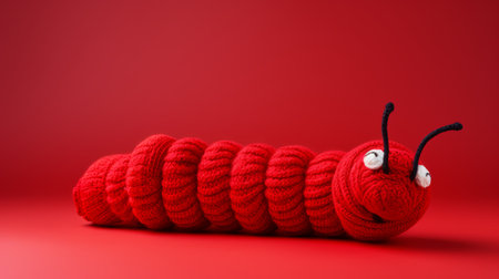 a red crocheted caterpillar with eyes, showcasing minimal retouching and vray tracing techniques. this humorous and vibrant image, captured in ultra-high definition, highlights the intricate use of fabric, knitting, and crocheting. it is a contest-winning masterpiece that combines creativity and craftsmanship. ai generatedの素材