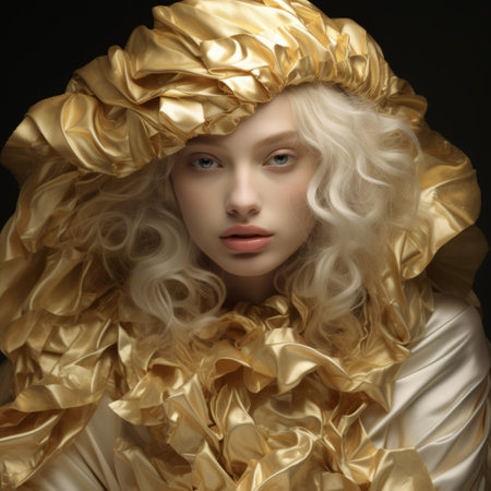 a stunning silver dress fashion photography captures the beauty of a blonde model. the photo is inspired by the opulence of gold leaf and gilding, reminiscent of baroque-inspired sculptures. the close-up shot showcases the intricate details of the dress, with a mix of dark yellow and light white tones. the model is gracefully slumped and draped, creating a captivating visual. this high-resolution image is perfectの素材
