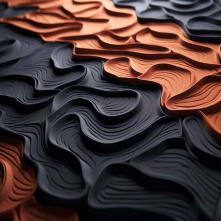 3d wavy pattern by alexandre thonn featuring a dark orange and dark gray color scheme. the layered imagery showcases subtle irony and organic formations, with a focus on materials and data visualization. the use of focus stacking enhances the intricate details of the dark gray and dark bronze elements. ai generatedの素材
