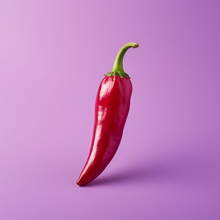 a red pepper stands out against a vibrant purple background in this hyperrealistic composition by maximilian pirner. the traditional mexican style is evident with minimal retouching and the use of bright colors. the image showcases body extensions and carries a berrypunk aesthetic. ai generatedの素材