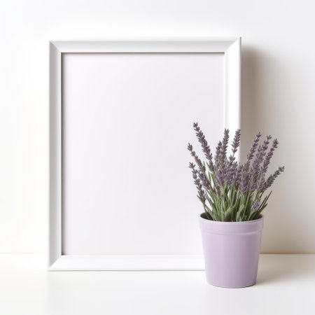 lavender plant positioned near a blank frame on a white background. this minimalist design showcases the beauty of anti-clutter aesthetics, reminiscent of monochromatic paintings and tranquil gardenscapes. perfect for daz3d enthusiasts and those seeking a serene addition to kitchen still life compositions. ai generatedの素材