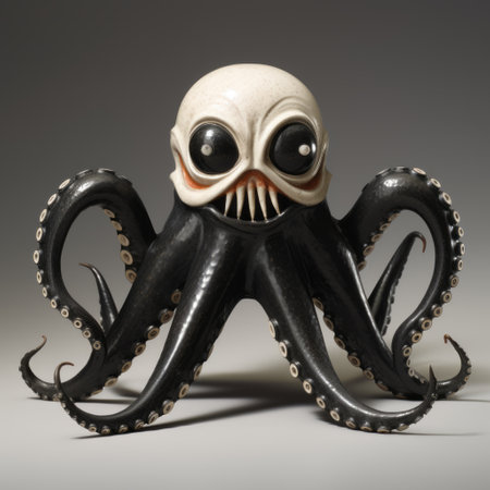 octopus monster head in virtual reality by malak ghafari, featuring a depth of field style. this dark, white, and black artwork showcases steampunk creatures and draws inspiration from american sculpture between 1830 and 1950. the cute cartoonish designs are displayed in a full-body format, created by a talented marine painter. ai generatedの素材