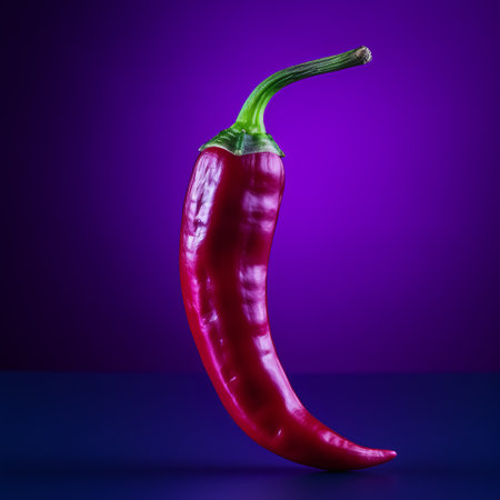 a vibrant and lively red chili pepper stands out against a dark background, creating a striking contrast. this hyperrealistic composition, with its dark pink and light indigo hues, exudes irony and humor. inspired by advertisements and featuring body extensions, this 70mm shot captures the essence of the subject in a visually captivating manner. ai generatedの素材