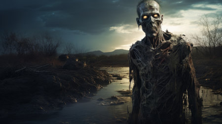 a ghostly zombie emerges from the depths of a dark forest, surrounded by the ethereal beauty of nature. this hyper-realistic water-inspired photograph, captured in 32k uhd resolution, showcases a stunning blend of dark gray and light bronze tones. the detailed character design and backlit photography create a mesmerizing fusion of frogcore and desertpunk aesthetics. ai generatedの素材