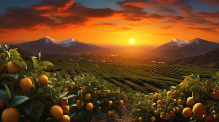 a breathtaking landscape featuring a majestic mountain surrounded by vibrant oranges during the enchanting evening. this stunning artwork, created in the style of 32k uhd, draws inspiration from the works of greg hildebrandt and range murata. the lush background, made of intertwining vines, adds a touch of photorealism to this joyful and captivating scene. ai generatedの素材