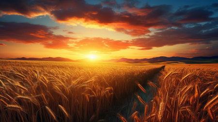 a lone wheat field at sunset, showcasing vibrant fantasy landscapes in 8k resolution. this photo captures the essence of photo-realistic landscapes, reminiscent of farm security administration aesthetics and realistic landscape paintings. the colors range from red and amber to dark sky-blue and light amber, creating a captivating and atmospheric scene. ai generatedの素材