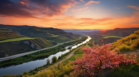 sunset over a river valley, showcasing the beauty of flowering trees in a captivating landscape. the photo captures the essence of zigzags and striped arrangements, reminiscent of terragen. the colors of light red and light green create a stunning visual contrast. this national geographic-worthy image features cherry blossoms and sculptural landscapes, offering a mesmerizing view of nature's wonders. ai generatedの素材