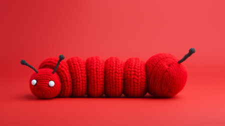 a small red caterpillar, knitted in red and black, is depicted in this photo. the composition follows the style of classic still life artworks, with a touch of playful storytelling. created using cinema4d, the image showcases elements of color field minimalism and monochromatic shadows. this captivating piece is a creation by the talented artists rhads and mike campau. ai generatedの素材