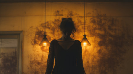 woman silhouette standing against a wall adorned with light bulbs, creating a dark and moody vignette. captured with the tokina opera 50mm f/1.4 ff lens, the image showcases an intense emotional expression. the dark crimson and light amber tones add a touch of romanticized nostalgia, while the frayed atmosphere is enhanced by the dark orange and amber hues. ai generatedの素材