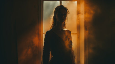 a woman's silhouette is captured in a room, surrounded by a mesmerizing smoke trail. the photograph showcases a romantic soft focus and ethereal light, evoking a haunting atmosphere. shot with a tokina at-x 11-16mm f/2.8 pro dx ii lens, the image features a captivating blend of dark gray and amber tones. inspired by southern gothic aesthetics, this solarizing masterpiece is truly breathtaking. ai generatedの素材