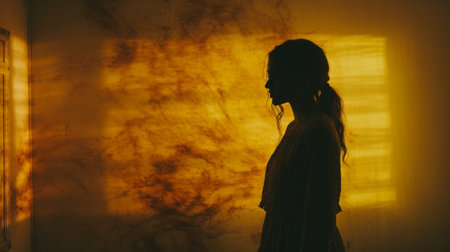 a woman in a black dress stands in front of a mirror, facing the wall. the photo captures a gauzy, atmospheric landscape with dark yellow and light amber tones. the image features selective focus, mottled textures, and flowing silhouettes, creating an artistic and textural portrait. ai generatedの素材