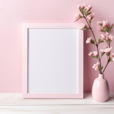 a pink vase filled with flowers sits on a white frame, showcasing a minimalist background with a touch of japanese influence. the design is inspired by anime and anti-clutter aesthetics, featuring unique framing and composition. the photo captures a soft focal point and exhibits photo-realistic hyperbole. ai generatedの素材