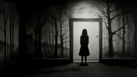 a dark door in the woods, reminiscent of the emotional expressionism style of artists like alex andreev and miwa komatsu. the black and white composition adds to the eerie atmosphere, while the hellish background pays homage to kthe kollwitz. this captivating artwork was commissioned for a unique project. ai generatedの素材