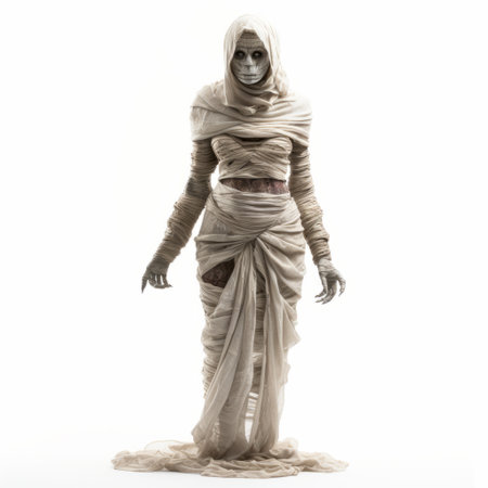a mummy woman, adorned in a layered mesh robe, showcases a ravencore-inspired style. the monochromatic color scheme adds to the overall aesthetic, while the white background accentuates the stylish costume design. the photo also features intricate miniature sculptures, creating a captivating visual. this associated press photo captures the essence of this unique and artistic portrayal. ai generatedの素材