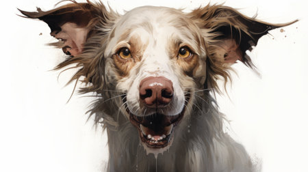 a dog with big paws and big ears is depicted in a hyper-realistic water artwork on a white background. the painting, done in the style of cryengine, showcases detailed facial features and a graphic novel-inspired aesthetic. the white and amber tones add a soggy, realistic hyper-detail to the overall composition. ai generatedの素材