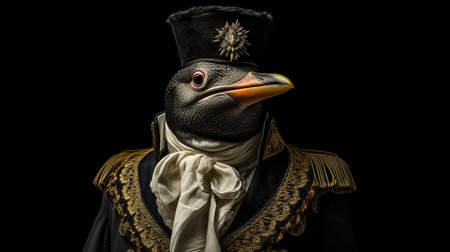an adult bird with a feather head is captured in this photo, wearing a coat and hat reminiscent of sacha goldberger's style. the image showcases military and naval scenes, reflecting social documentary photography. against a black background, the detailed costumes evoke the influence of henri manguin and pop culture. ai generatedの素材