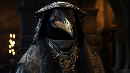 an animated bird with long black hair stands in a dark place, showcasing the artistic style of bill gekas, kushan empire, klaus pillon, and cryengine. the bird's strong facial expression and hieratic visionary presence add to the avian-themed atmosphere of the image. ai generatedの素材