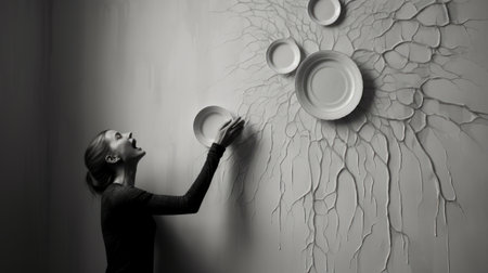 a woman stands in front of a wall adorned with plates, showcasing an organic biomorphic style. her gaze is captivated by the intricate patterns and theatrical gestures depicted on the plates. this monochromatic chaos, created by artist ebru sidar, evokes a sense of human connections and draws inspiration from the works of bertil nilsson and sebastian errazuriz. ai generatedの素材
