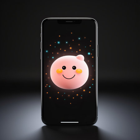 an iphone showcasing a vibrant pink pig against a sleek black backdrop. the pig is depicted in a childlike illustration style, with luminous spheres and lively facial expressions. the use of light amber adds a realistic touch to the overall design. this image exudes a smilecore aesthetic with its minimalistic yet captivating composition. ai generatedの素材