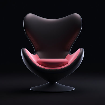 a black chair with soft and rounded forms is showcased on a black background. the realistic hyper-detailed rendering highlights the avian-themed design, featuring light red and light pink accents. the high-key lighting enhances the simplicity of the duckcore-inspired chair, which boasts clean and minimalistic designs. ai generatedの素材