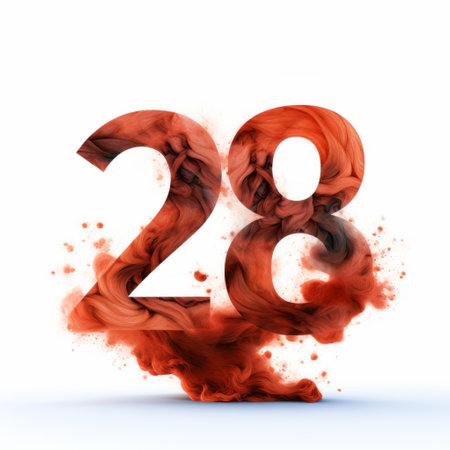 a photo of a white background with a red painted number 28. the style resembles a smokey background and is created using daz3d software. the image is part of a collection of illustrations depicting psychological phenomena. it has won awards for its innovative page design and features dark orange tones. the artwork also includes romantic depictions of historical events. ai generatedの素材