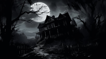 halloween house with full moon wallpaper, showcasing a monochrome painting style reminiscent of gritty horror comics. this captivating photo, captured by dmitri danish for the associated press, evokes the eerie atmosphere of necronomicon illustrations and the raw artistic essence of emily carr's work. the rough textures and haunting details make this image a perfect embodiment of halloween's spooky spirit. ai generatedの素材
