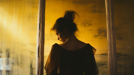 a woman in a black dress gazes out of a window, exuding a sense of dark yellow and light amber tones. the photograph captures a soft focus romanticism, with frayed and constructed elements. the saturated colors and soft, atmospheric lighting add to the neo-renaissance aesthetic. ai generatedの素材