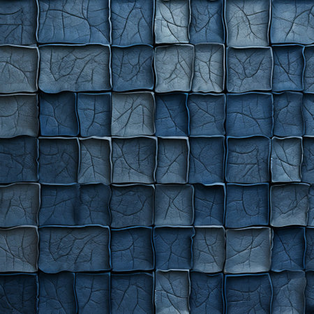 a blue tiled background featuring brown fabric pieces in trompe-l'oeil folds. the artwork showcases the use of the impasto technique, with dark indigo and light gray hues. leaf patterns add an organic touch to the composition. softbox lighting enhances the textures and colors, creating a captivating visual effect. this unique piece can be found on flickr, showcasing chromatic sculptural slabs. ai generatedの素材