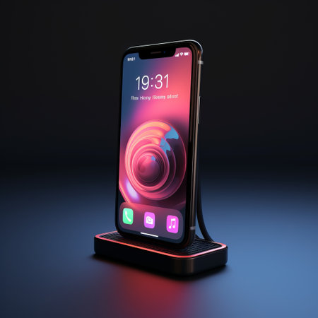 a black phone charger is showcased in this photograph, featuring a realistic usage of light and color. the neon lighting adds a vibrant touch to the scene, with a combination of light navy and crimson hues. the image is captured using innovative techniques such as vray tracing, resulting in a visually striking tabletop photography. shot at iso 200. ai generatedの素材
