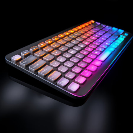 a realistic and hyper-detailed rendering of a keyboard with a rainbow colored light. this 32k uhd image showcases a stunning combination of light indigo and dark amber hues, illuminated by neon and fluorescent lights. the keyboard's design is inspired by oshare kei and precisionist styles, with a sleek glass material adding a touch of elegance. ai generatedの素材