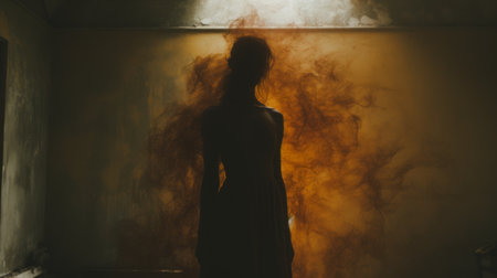 a woman stands in a room, her silhouette engulfed by black smoke. this dreamscape portrait, shot on 70mm, captures her raw vulnerability. the dark yellow and amber tones create a moody and atmospheric ambiance. the image showcases textural explorations with ink-washed details, merging artistry and emotion. ai generatedの素材