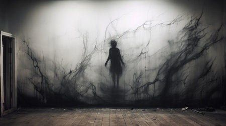 a man in jeans sits in a dark room, surrounded by a large blown-out smoke mural. the mural depicts ethereal trees and haunting shadows, created with wire to evoke an unsettling beauty. this art piece plays with scale, showcasing flowing silhouettes and captivating imagery. ai generatedの素材