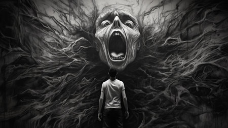 a dark figure stands in front of a wall in this poster, showcasing the style of realistic anamorphic art. the image evokes a sense of nightmare and features hyperrealistic murals with supernatural creatures. the grainy, black and white photo adds to the strong emotional impact of this uhd image. ai generatedの素材